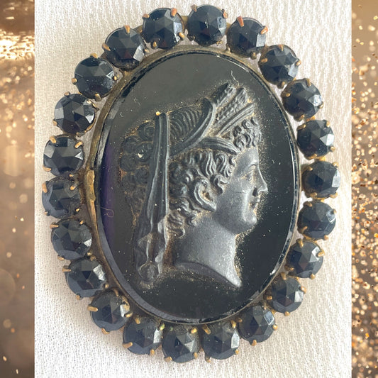 Black Glass Cameo  Brooch Vintage Rhinestone Right Facing Mourning Jewelry 1.75 in