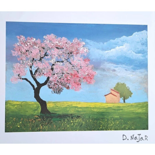 Blossoming Tree "Rural Home" Landscape David Najar Israeli Lithograph Signed  13 x 10 in