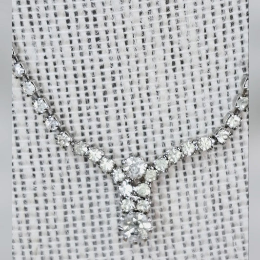 Retro Vintage Style White/ Clear Rhinestone and Silvertone Necklace 16 in