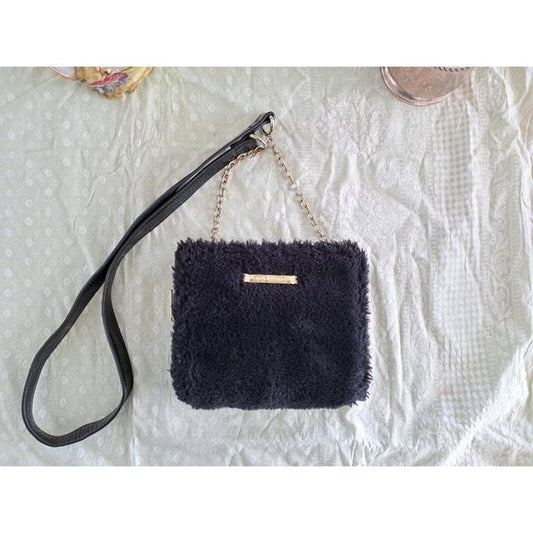 Steve Madden Fuzzy Black Clutch Handbag Purse with Gold Chain and Patent Leather