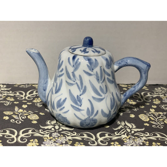 Blue and White Mini Teapot Hand Painted Bamboo Leaf Design
