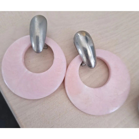 Vintage Bubble Gum Pink Marbled Composite Silver Tone Door Knocker Earrings