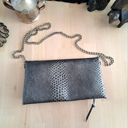 STACY KESSLER GIRLIE MED GRAY REPTILE MINI CLUTCH WITH OPT CROSSBODY CHAIN STRAP