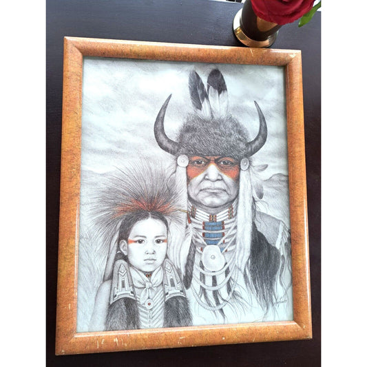 Framed Indian Chief and Child Amy Franks Signed Lithograph 22X18 Good Condition
