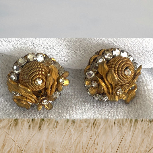 Vintage Miriam Haskell Unsigned Rose Montee Floral Hive Rhinestone Cluster Clip On Earrings MCM or earlier