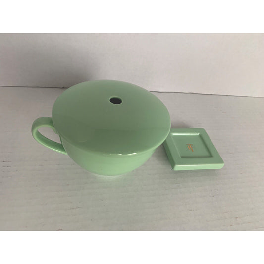 Tea Forte Classic Covered Green Cafe Tea Cup w/ Lid w/hole for Teabag and Tray