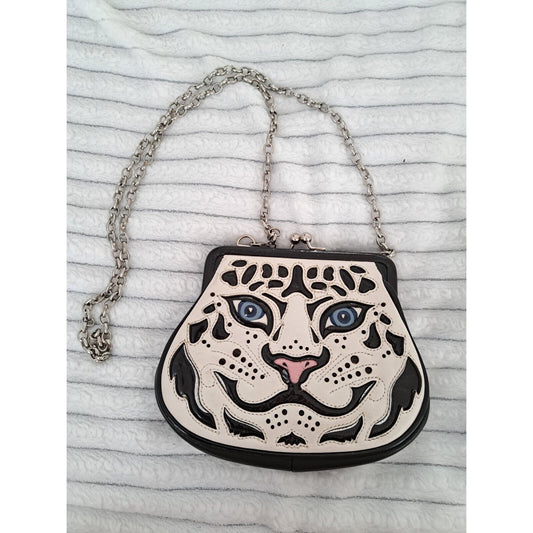 Brighton Mini Crossbody Snow Leopard Cat White Black Silver Chain Evening Bag