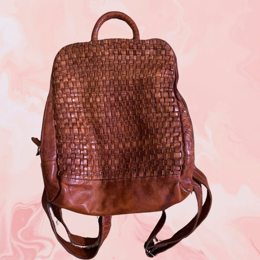 VILENCA HOLLAND BACKPACK "Emilia" Distressed Leather Woven Braided COGNAC NWT