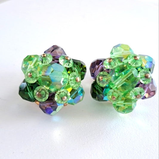 Vintage Green & Purple Aurora Borealis Faceted Glass Crystal Cluster Clip On Earrings MCM
