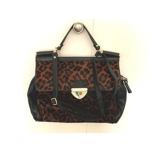 Genuine Leather Satchel Handbag Caramel Leopard Print Brass Black Real Soft Leather