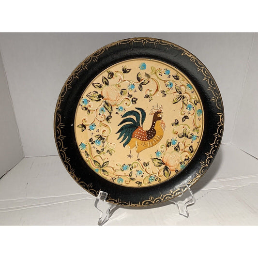 Black & Cream Paper Mache Tole Tray French Country Rooster Vines Flowers 9 in