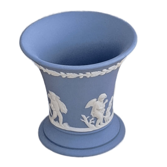 Blue and White Neoclassical English Wedgwood Jasperware Matte Stoneware Vase 3.5 in Vintage Cherub Roman Greek Ancient Cameo Laurel Leaves